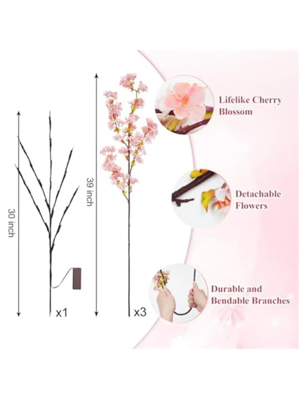 3 Pcs Artificial Cherry Blossom Branches 39'' Cherry Blossom Tree Decor |Lighted